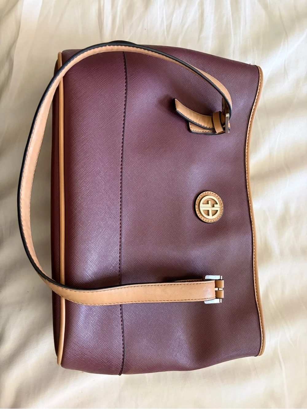 Saffiano Burgundy Crossbody with Tan Trim